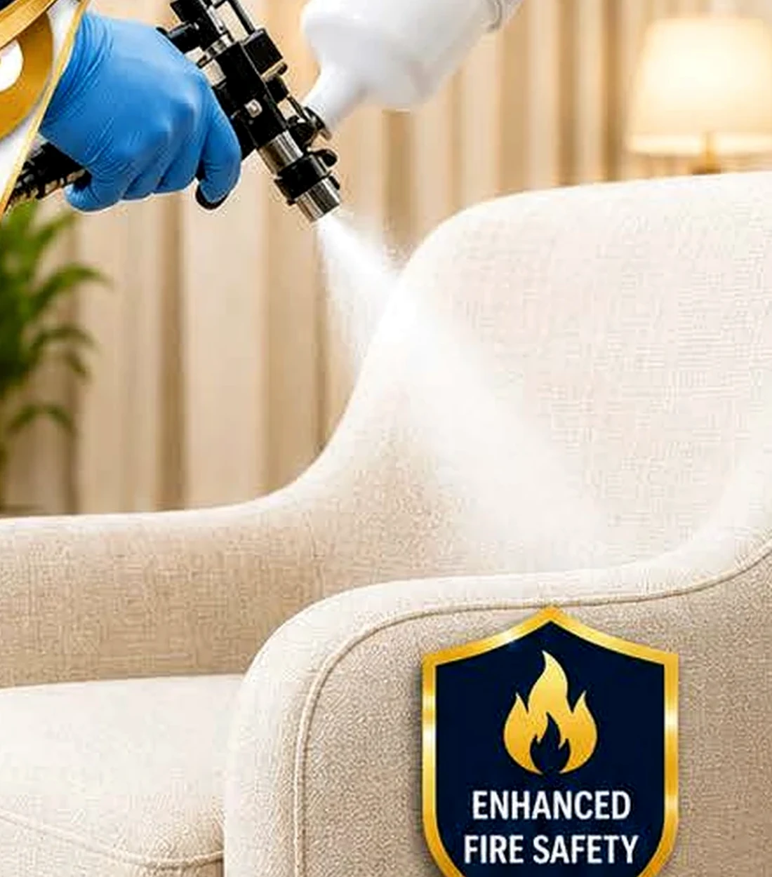 Fire-retardant treatment being applied to upholstered furniture